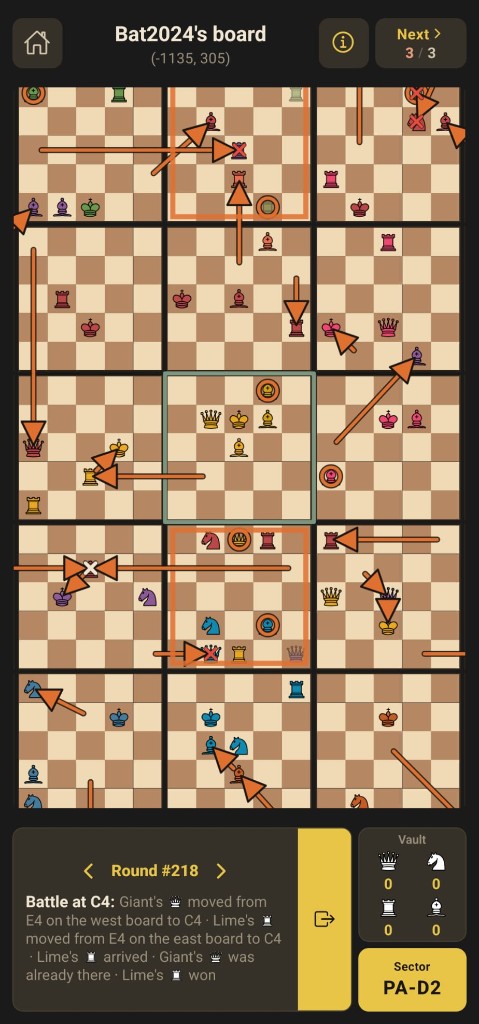Multi-board play view with moves and battles